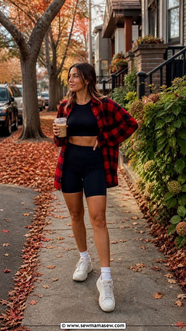 Crop Top With Flannel Shirt Layered Over Bike Shorts - 40 casual crop top outfits