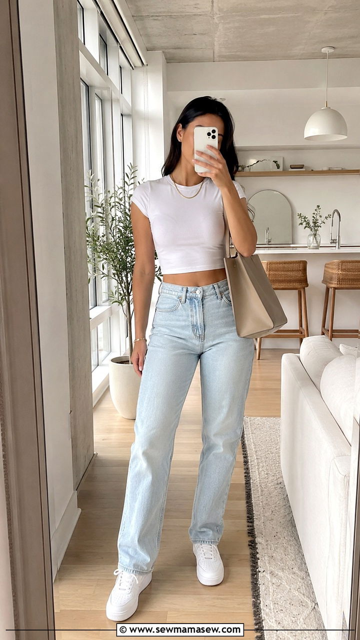 Crop Top With High Rise Straight Leg Jeans - 20 Summer outfits for 80 degree weather