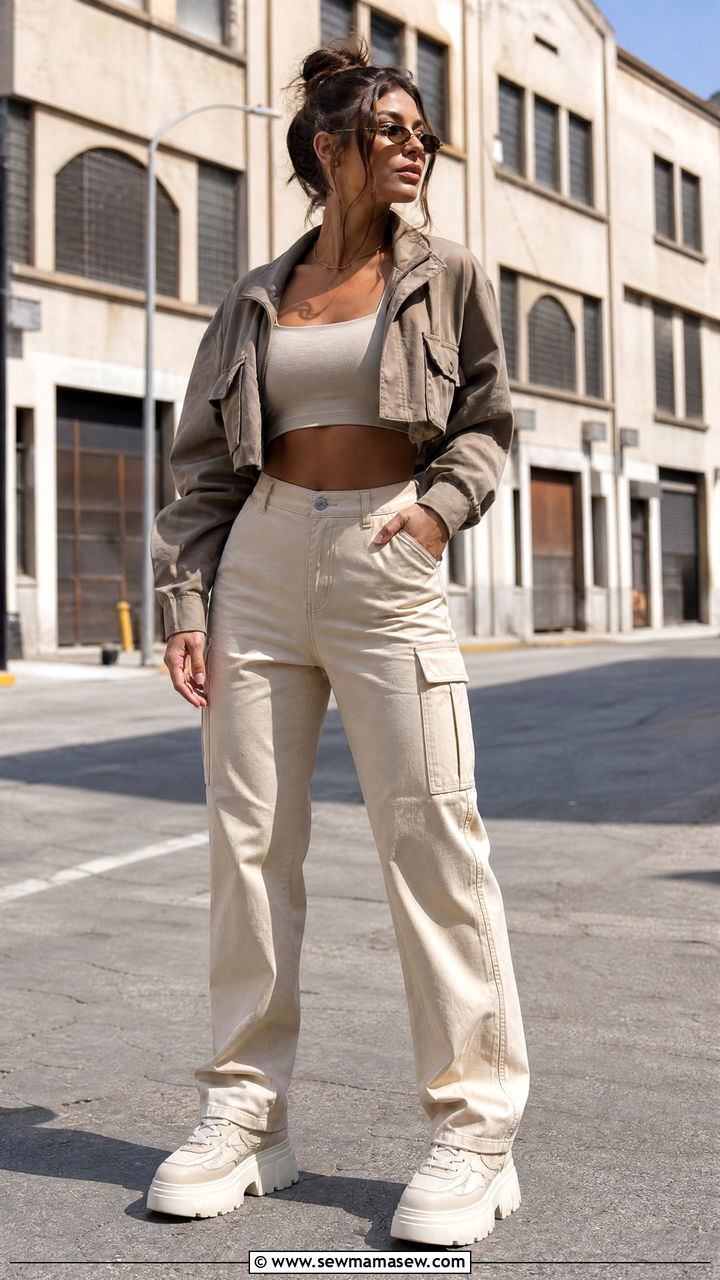 Crop Top With High Waisted Cargo Pants - 25 Outfits for long torso women