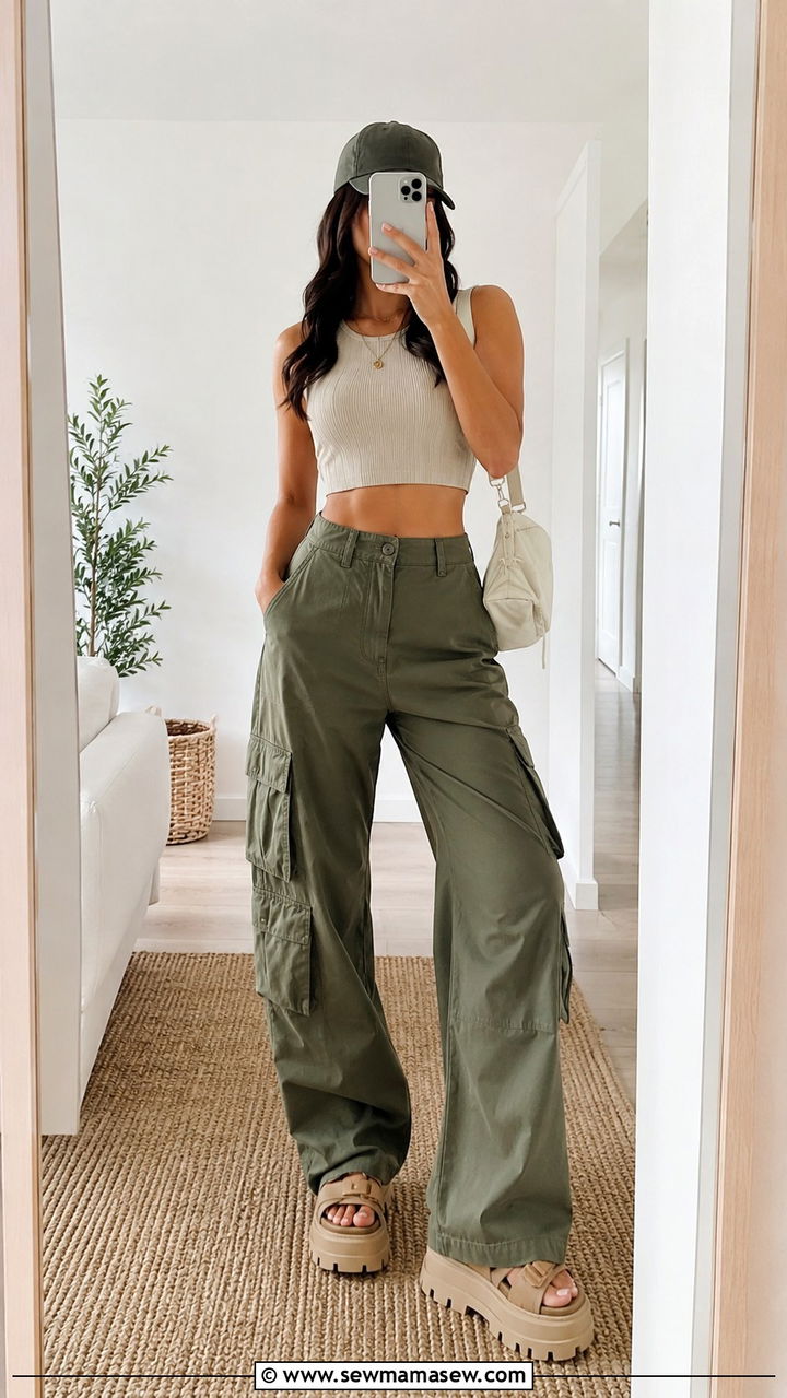 Crop Top With High Waisted Cargo Pants Spring Outfit - 20 Spring outfits for skinny women