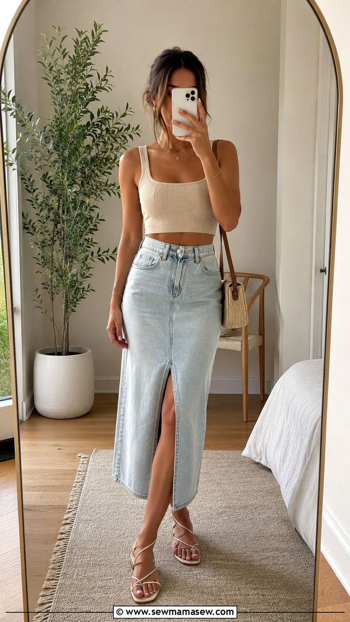 Crop Top With High Waisted Denim Midi Skirt - 30 Midi skirt outfit ideas for summer