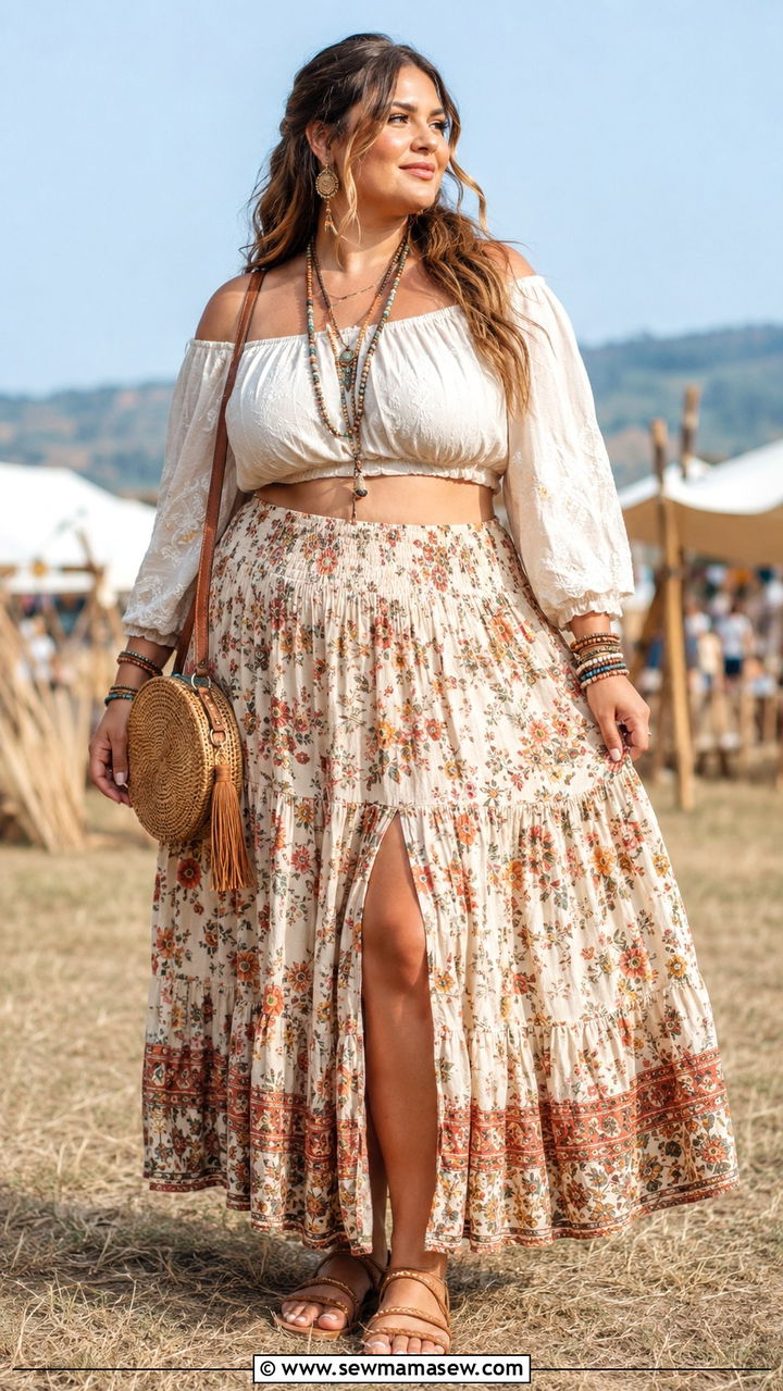 Crop Top With High Waisted Maxi Skirt - 30 Boho outfit ideas plus size