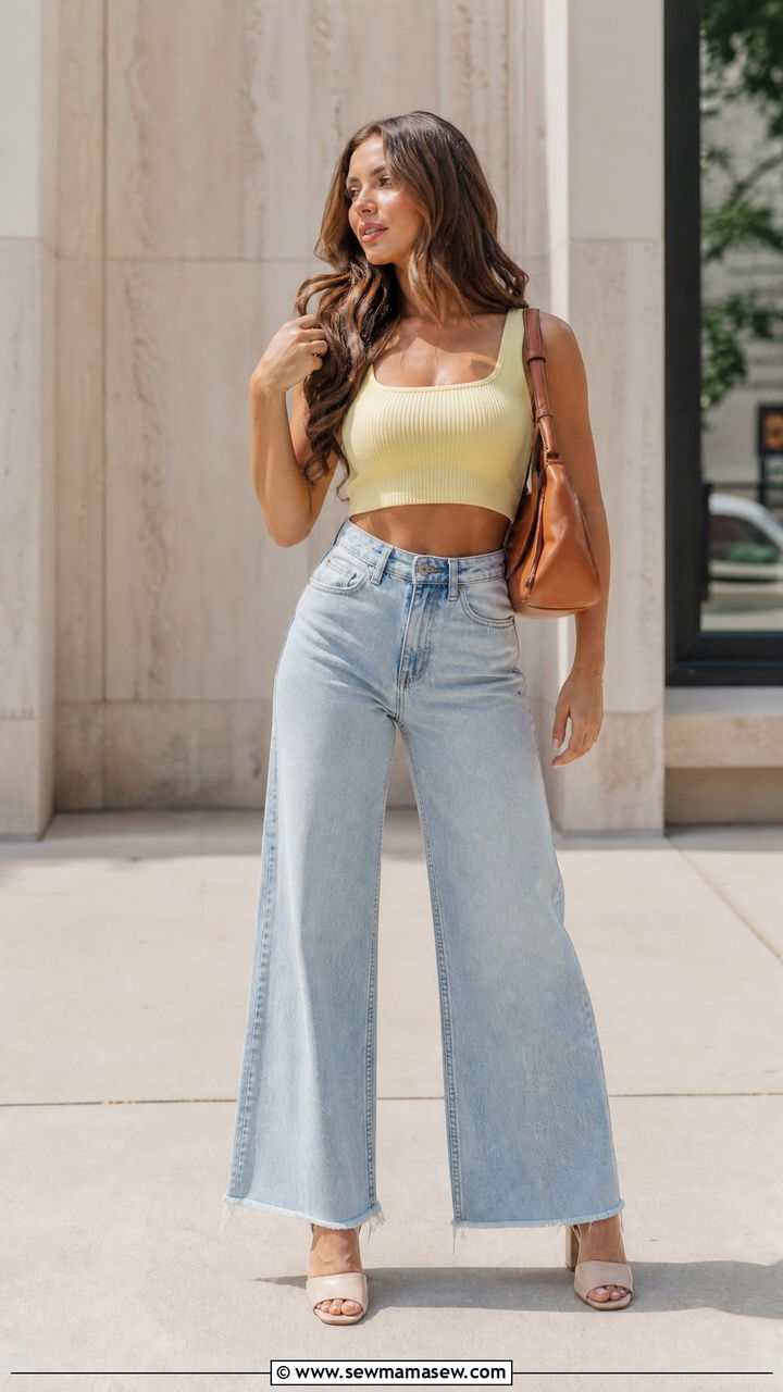Crop Top With High Waisted Wide Leg Jeans and Mules - 40 Spring photoshoot outfits