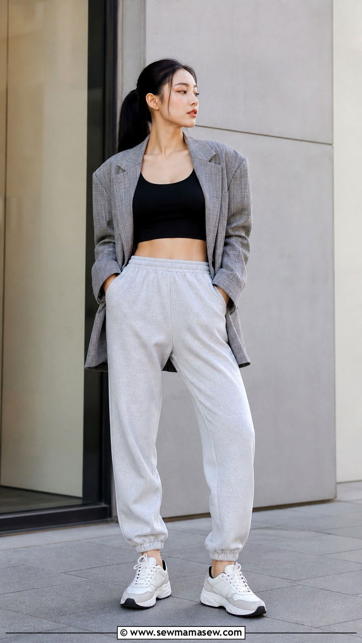 Crop Top With Joggers and an Oversized Blazer - 40 Korean outfit ideas