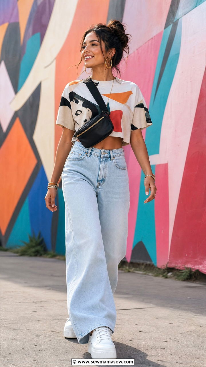 Crop Top With Wide Leg Jeans And Platform Sneakers - 30 Summer outfits with wide leg jeans