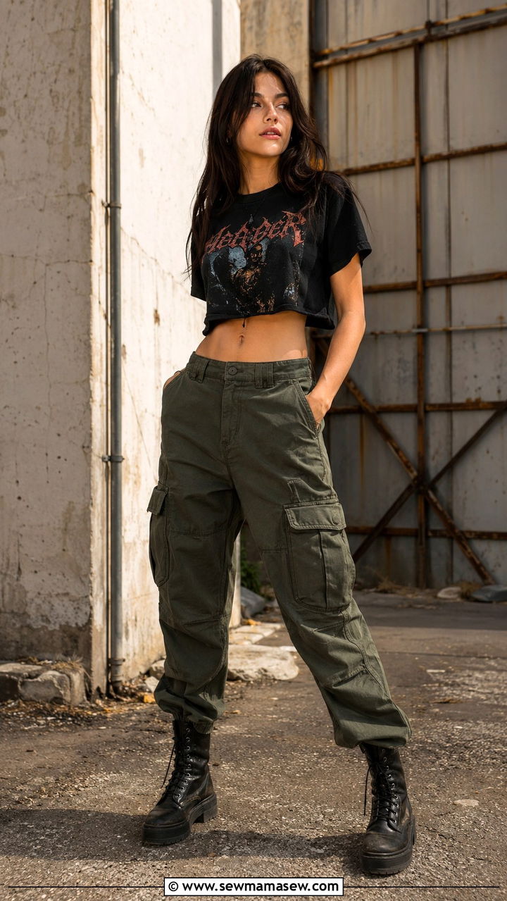 Crop Top and Cargo Pants with Combat Boots - 30 grunge outfits inspo