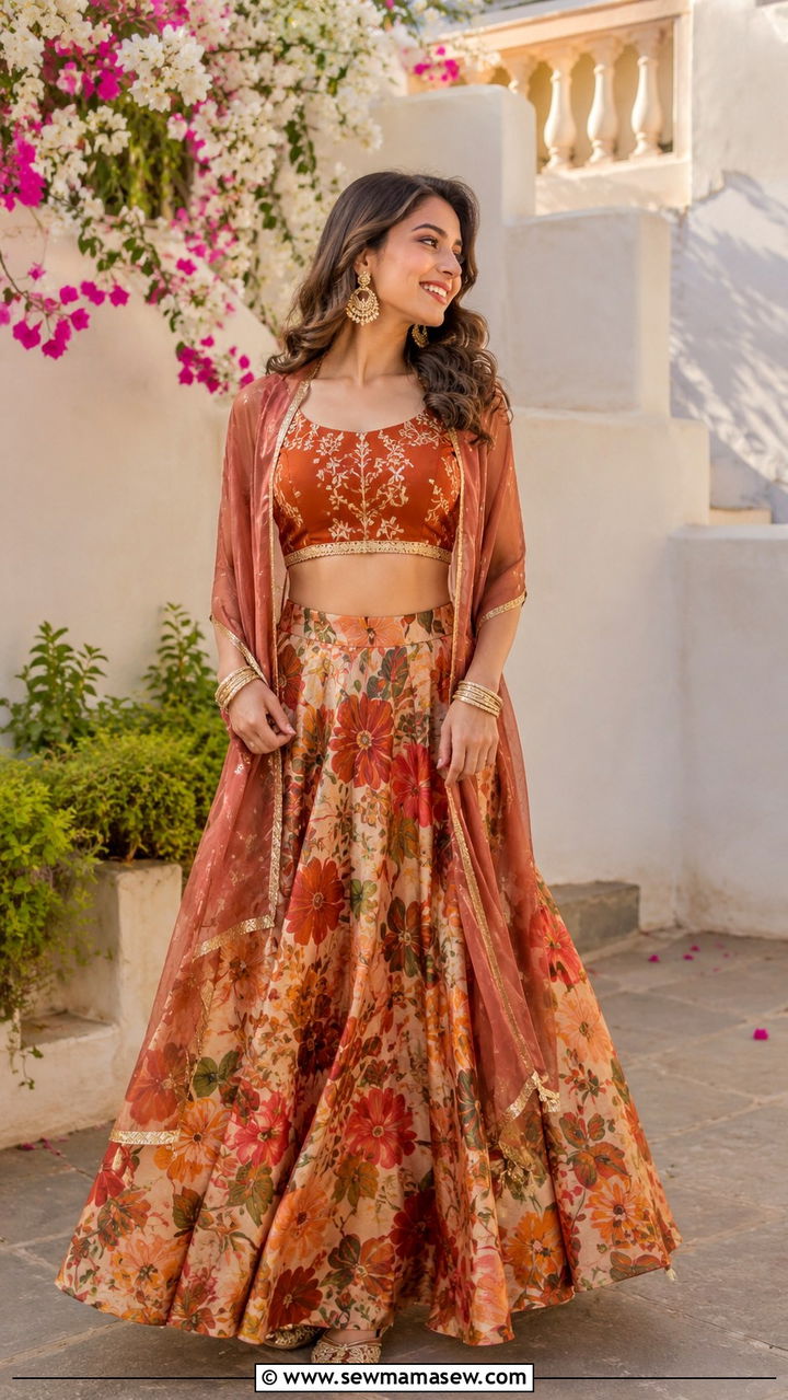 Crop Top and Flared Lehenga Skirt in Rust - 25 Wedding guest outfit ideas Mehndi ceremony