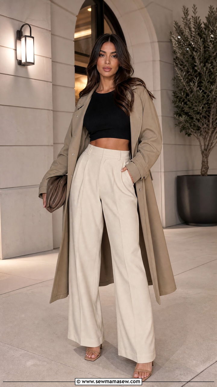 Crop Top and High Waist Trousers With Parka - 25 Spring outfits with parka