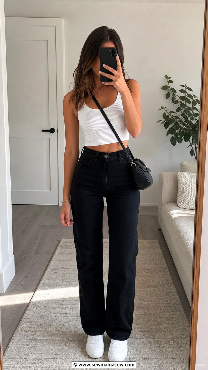 Crop Top and High Waisted Black Jeans Outfit - 25 How to style black jeans