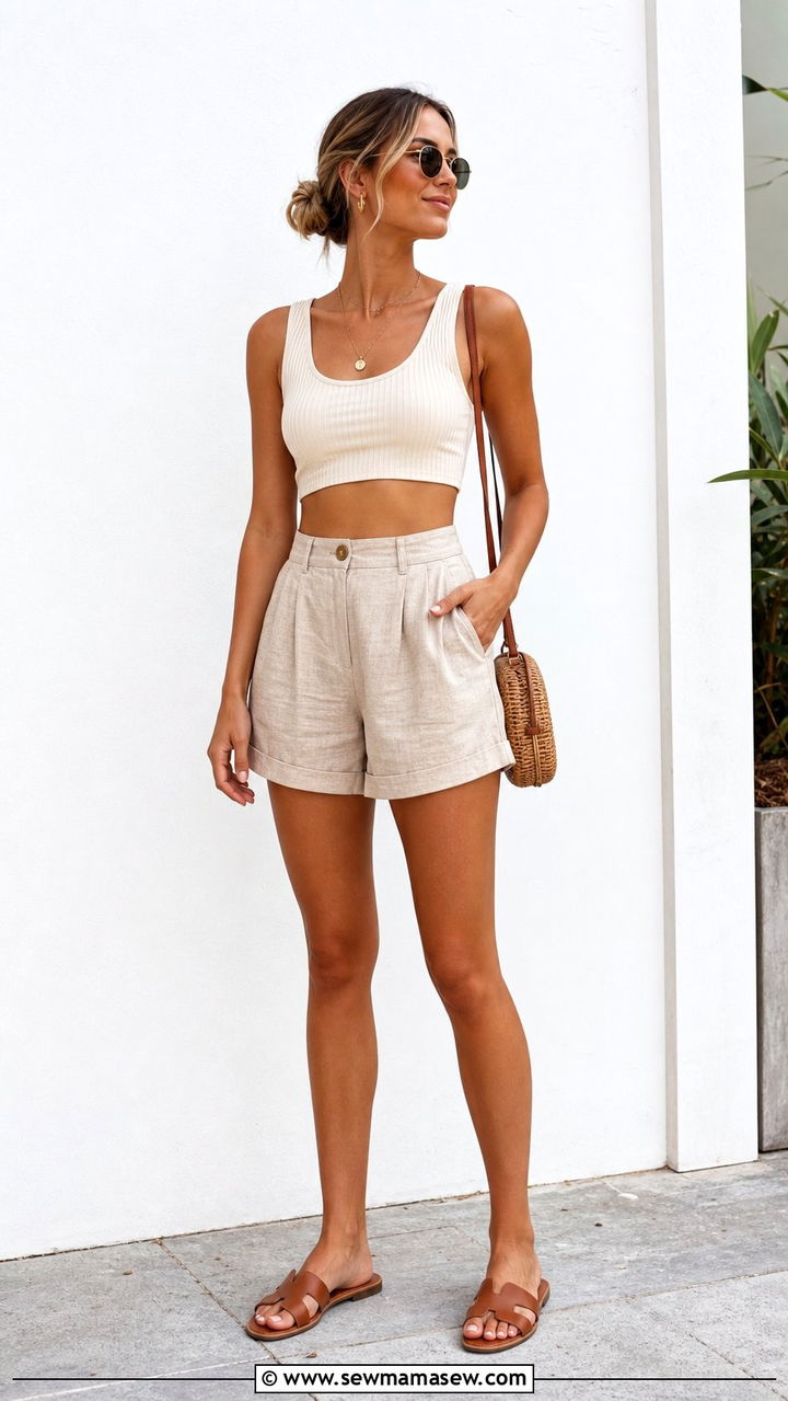 Crop Top and High Waisted Linen Shorts - 25 summer outfits for long torso women