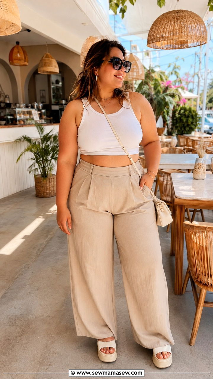 Crop Top and High Waisted Wide Leg Pants - 30 Plus size outfit ideas with wide leg pants