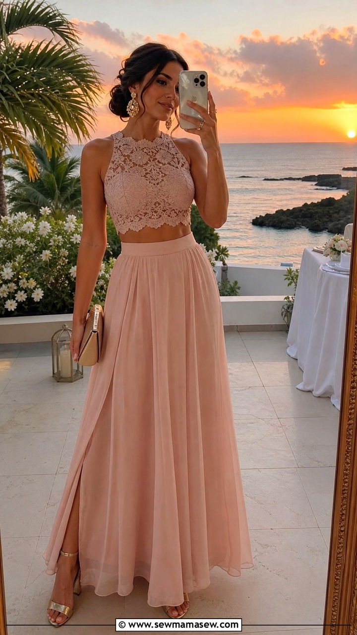 Crop Top and Maxi Skirt Set with Heels - 40 Wedding guest outfit ideas