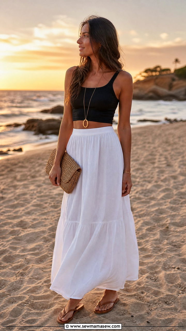 Crop Top and Maxi Skirt With Flip Flops - 30 Flip flop outfit ideas