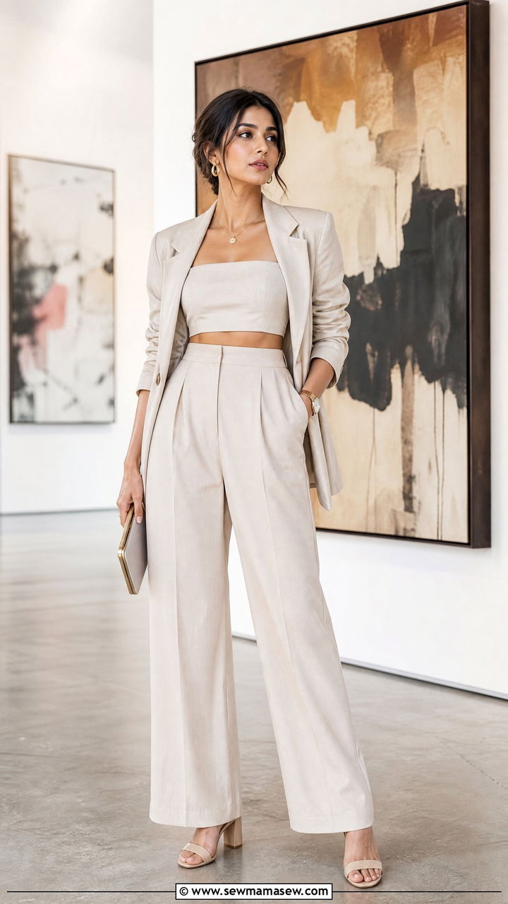 Crop Top with High Waist Trousers and Blazer Book Launch Outfit - 25 Book launch outfit ideas