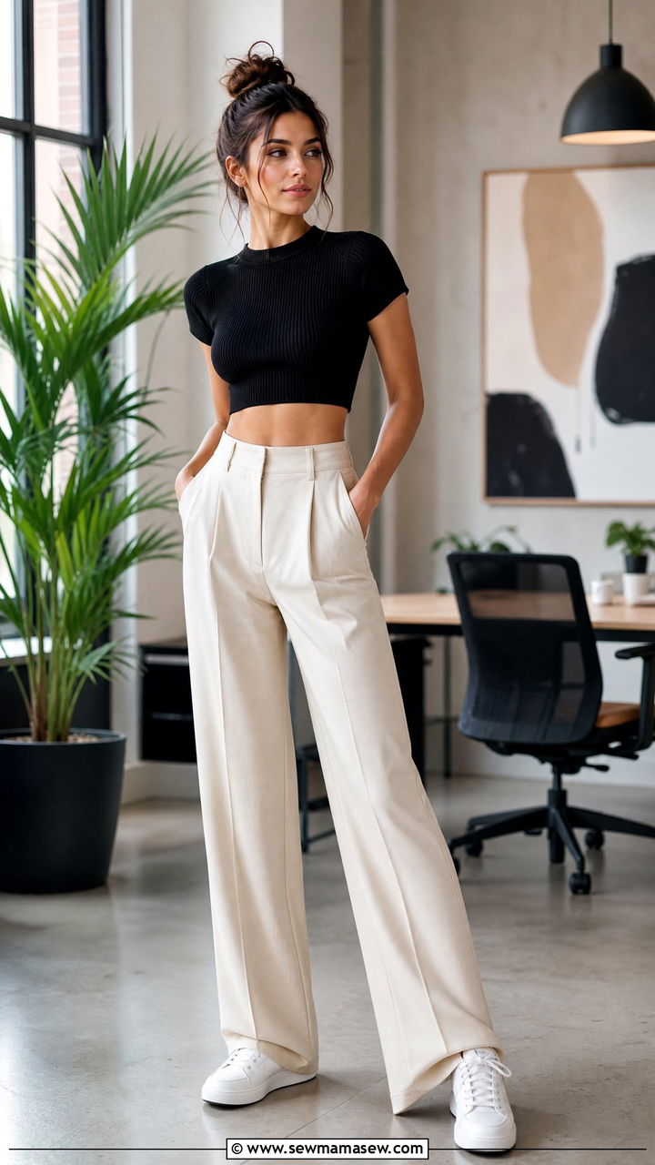 Crop Top with High Waist Trousers and Sneakers - 25 Business casual outfits with sneakers
