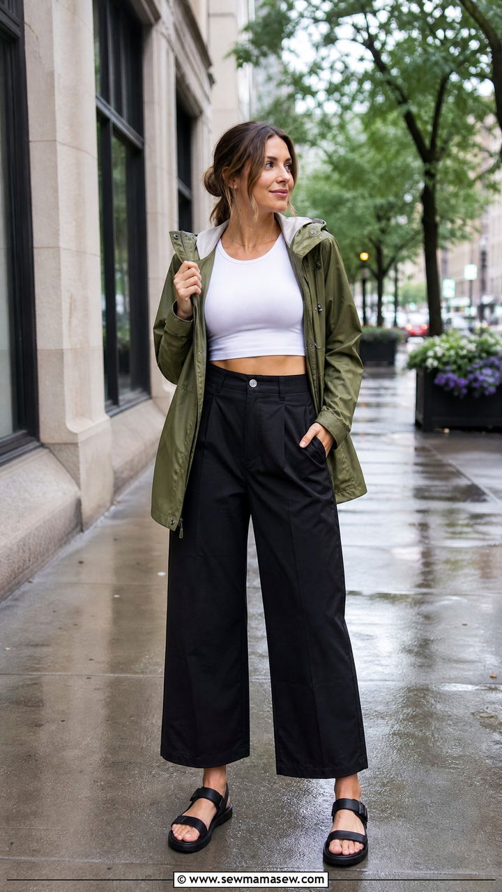 Crop Top with High Waist Wide Leg Pants and Rain Jacket - 30 summer rainy day outfit ideas