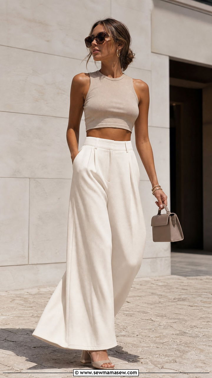 Crop Top with High Waisted Wide Leg Trousers Summer Outfit - 30 summer outfit ideas aesthetic