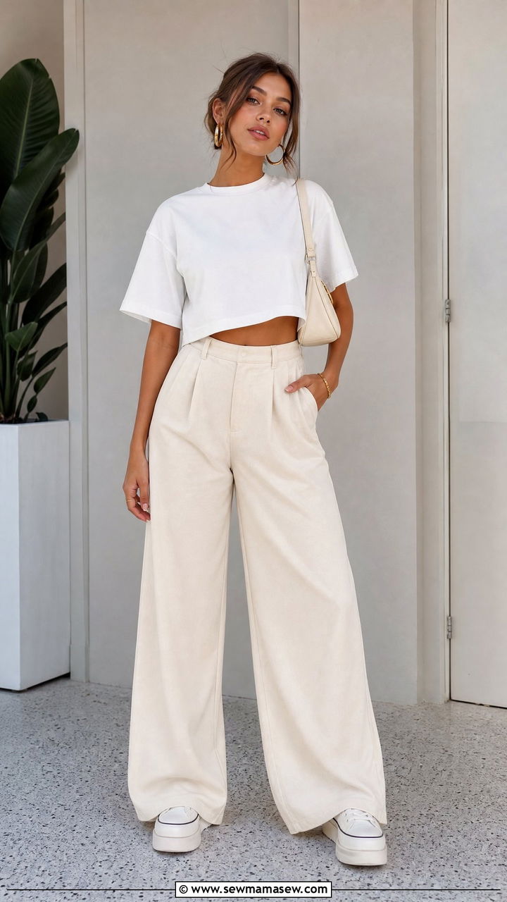 Crop Top with Wide Leg Pants and Platform Sneakers - 30 summer school outfit ideas