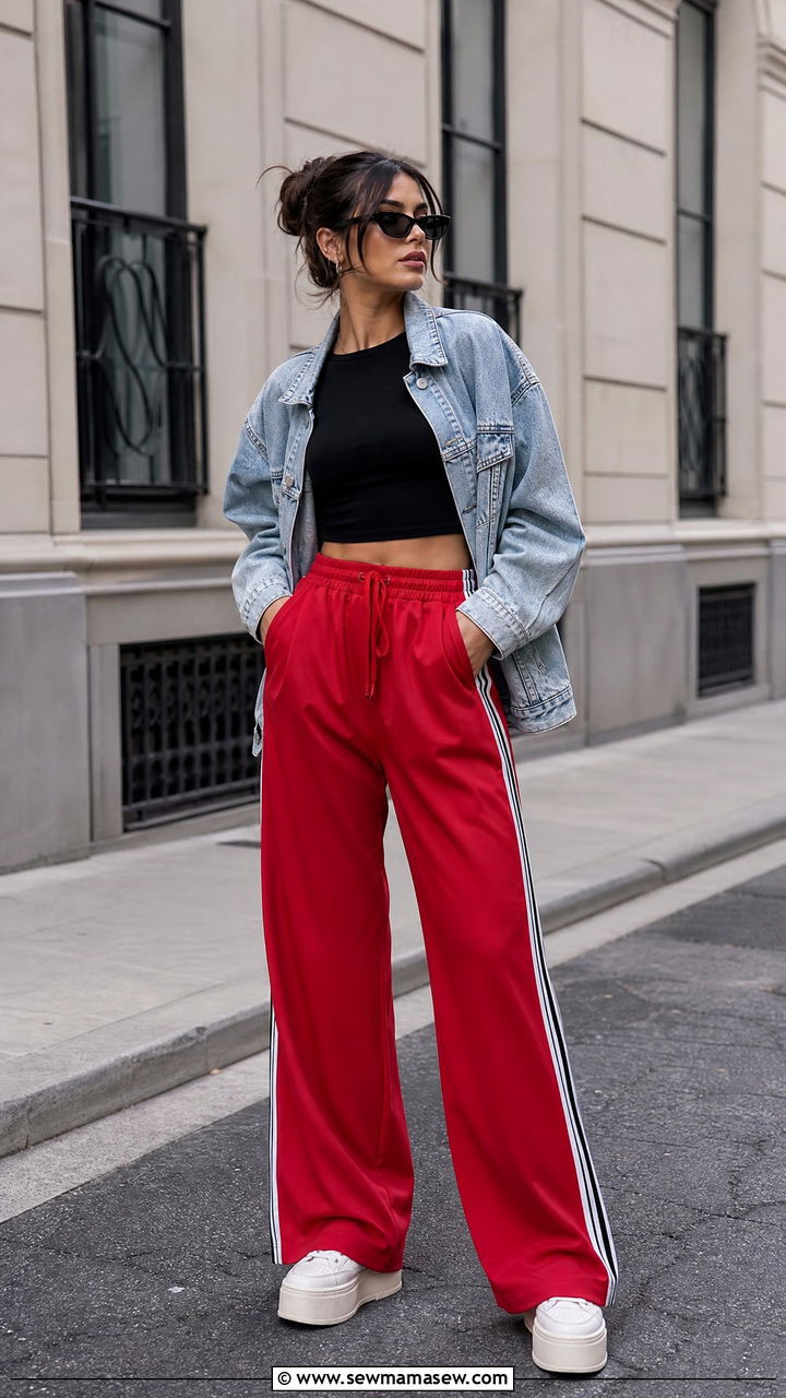 Crop Top with Wide Leg Track Pants and Denim Jacket - 30 classy sporty chic outfit ideas