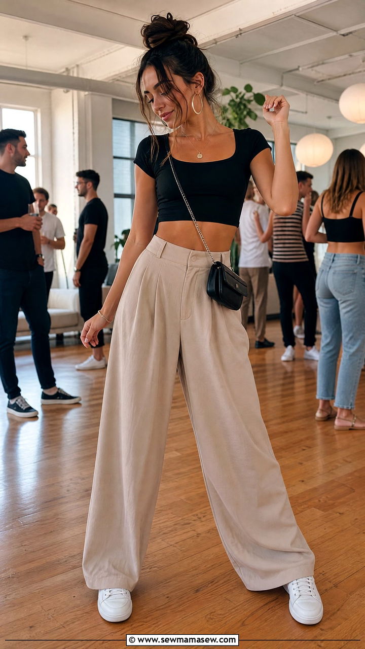 Crop Top with Wide Leg Trousers and Sneakers House Party - 35 House party outfit ideas