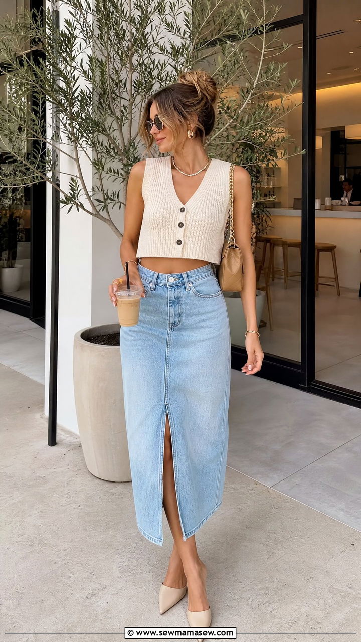 Crop Vest Midi Denim Skirt Brunch Outfit - 25 Brunch outfit ideas pinterest