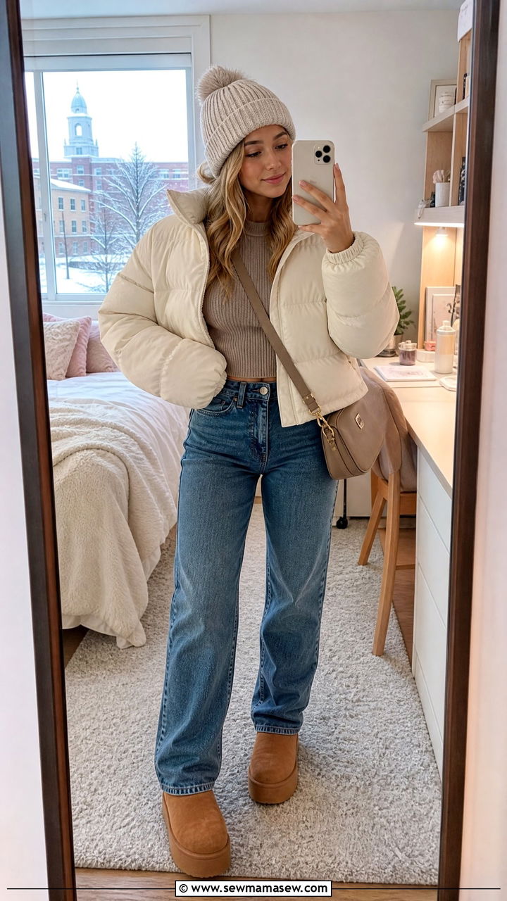 Crop puff jacket and UGG boots outfit winter campus - 30 Cute outfits for college girls