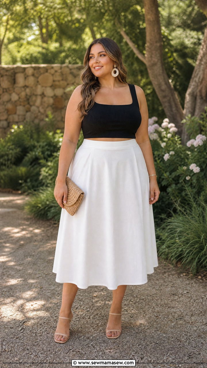 Crop top and high waisted A line midi skirt - 30 Summer outfits for midsize women