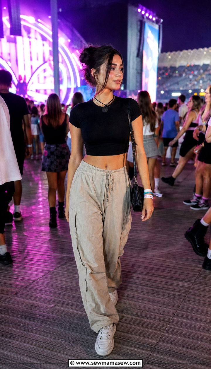 Crop top and parachute pants outfit - 35 casual concert outfits