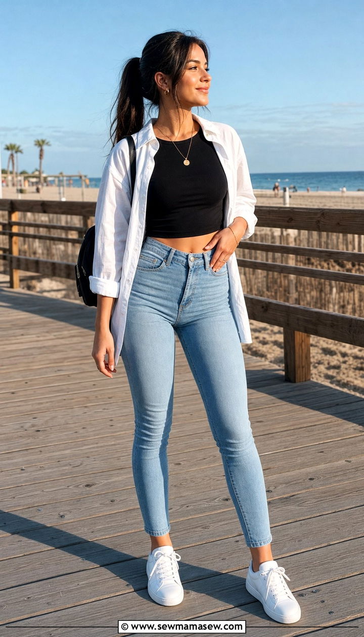 Crop top and skinny jeans with white sneakers - 25 Skinny jeans outfit ideas with white sneakers