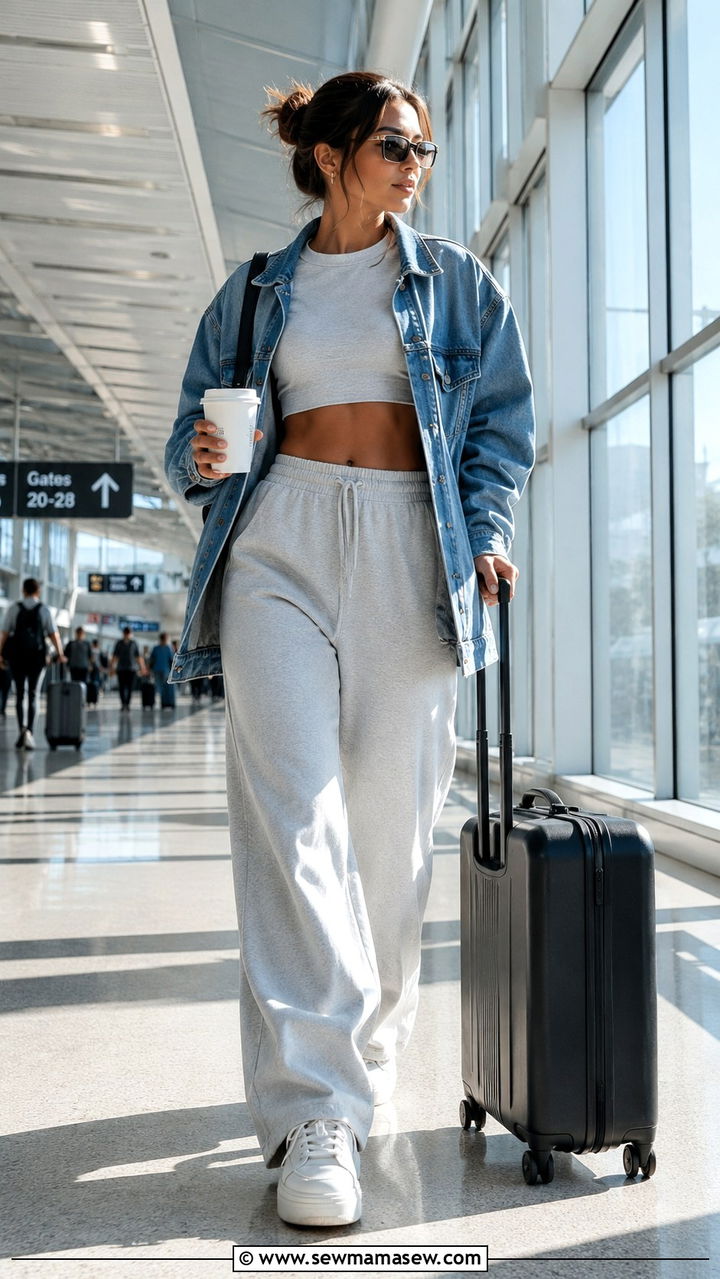 Crop top and sweatpants airport look - 25 Airport outfit ideas with sweatpants