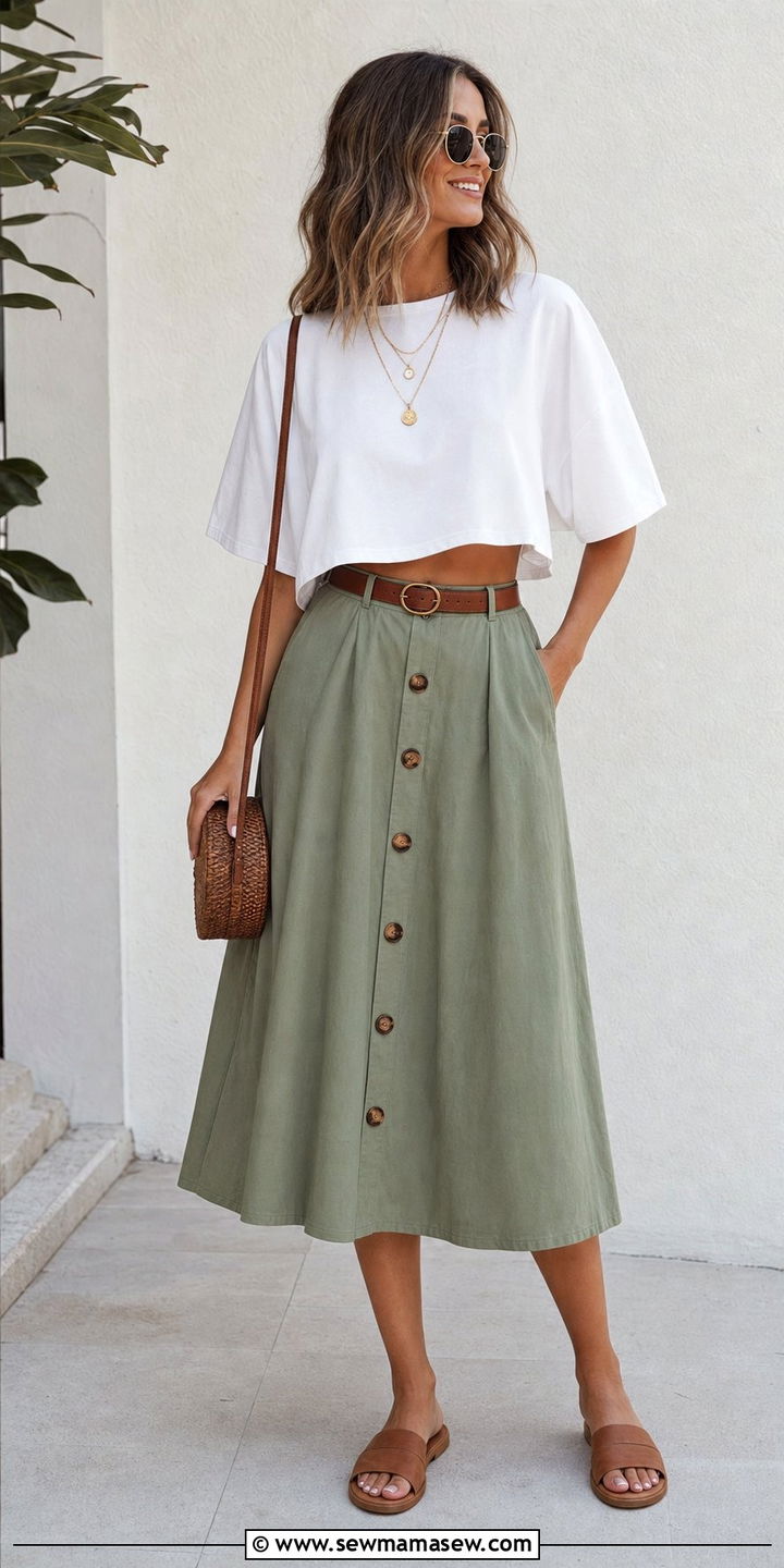 Crop top with high waist midi skirt - 25 Summer outfits to hide belly fat
