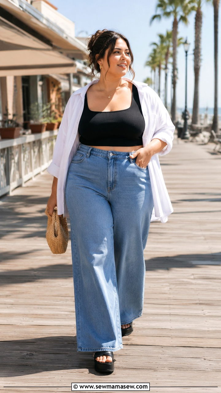 Crop top with high waist wide leg jeans - 30 Petite plus size outfit ideas