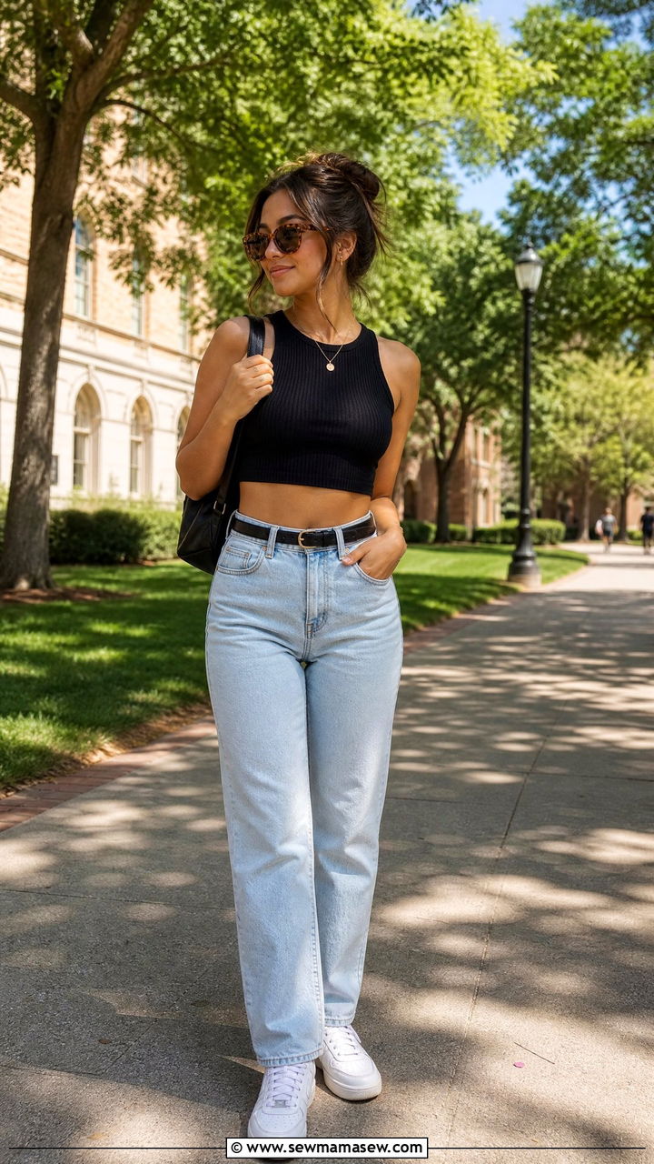 Crop top with high waisted straight leg jeans outfit - 30 Summer capsule wardrobe for college