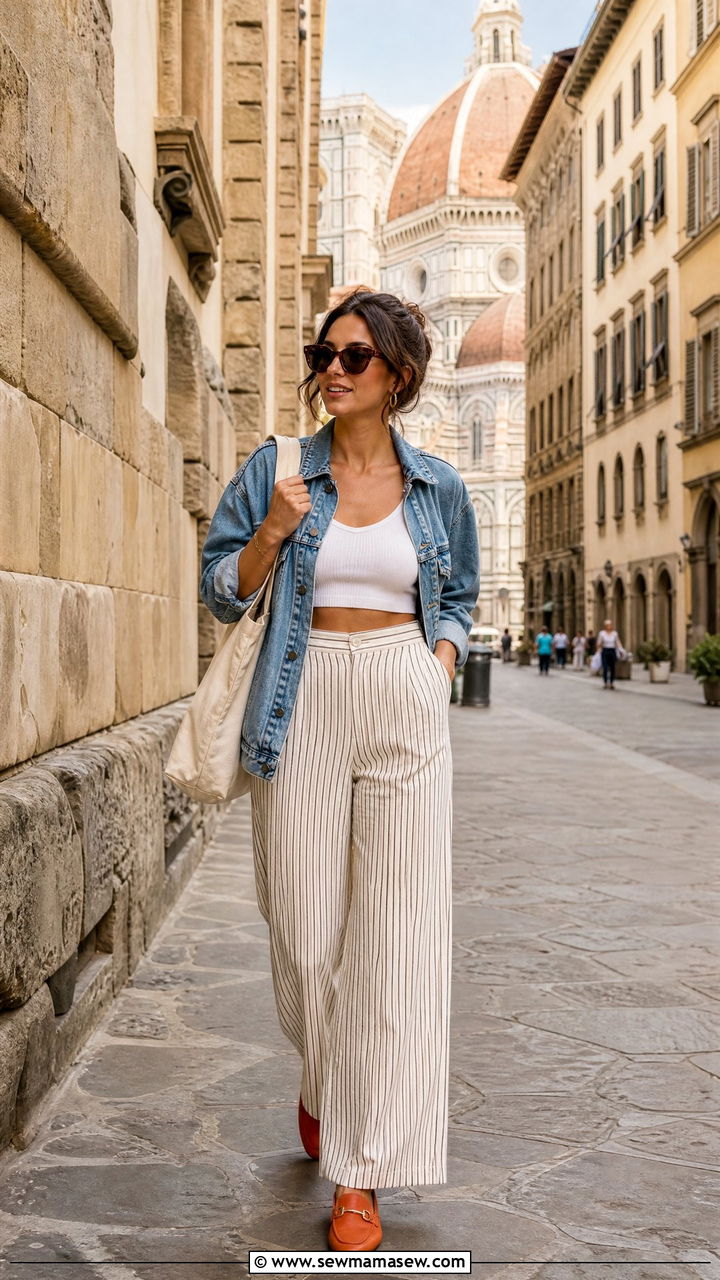 Crop top with wide leg pants and denim jacket Florence - 25 Florence outfit ideas