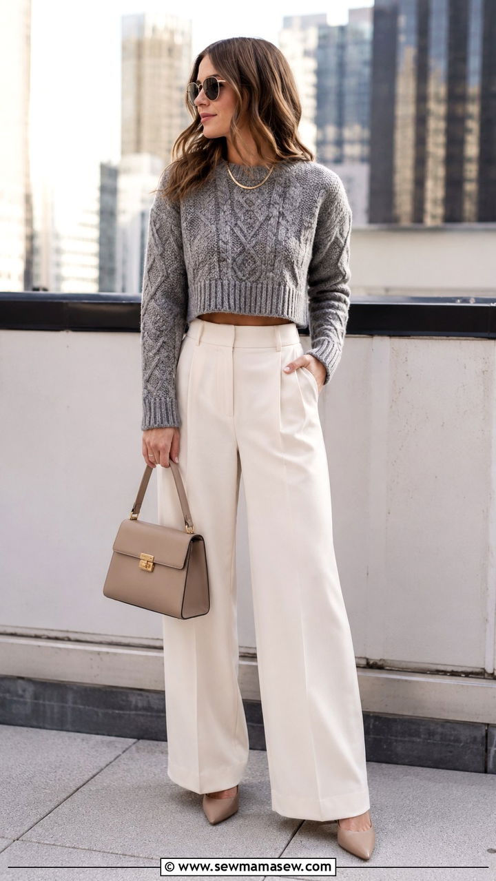 Cropped Aran sweater with high waisted wide leg trousers - 25 Old money outfit ideas with Aran sweater