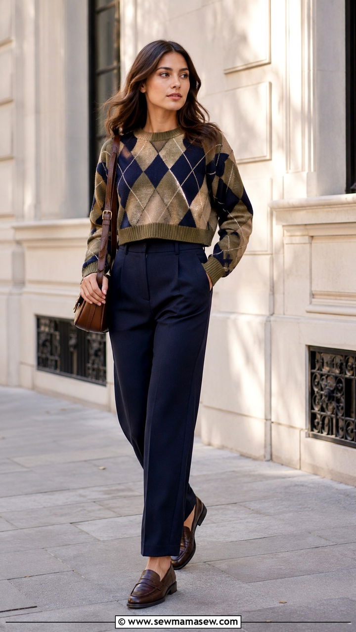 Cropped Argyle Sweater With High Waist Trousers and Loafers - 30 business casual outfits 2026