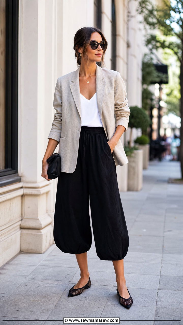 Cropped Balloon Pants With Boxy Blazer And Pointed Flats - 30 cute balloon pants outfits
