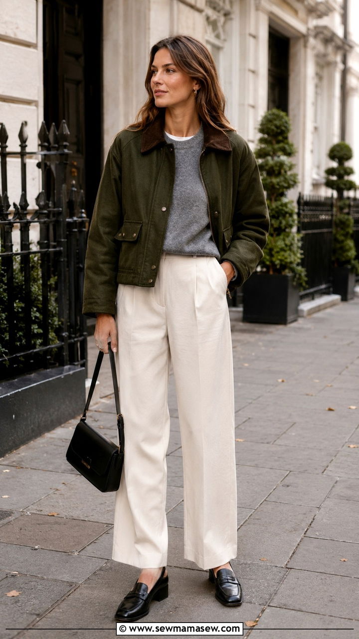 Cropped Barn Jacket With High Waisted Wide Leg Trousers And Heeled Loafers - 25 Old money outfit ideas with barn jacket