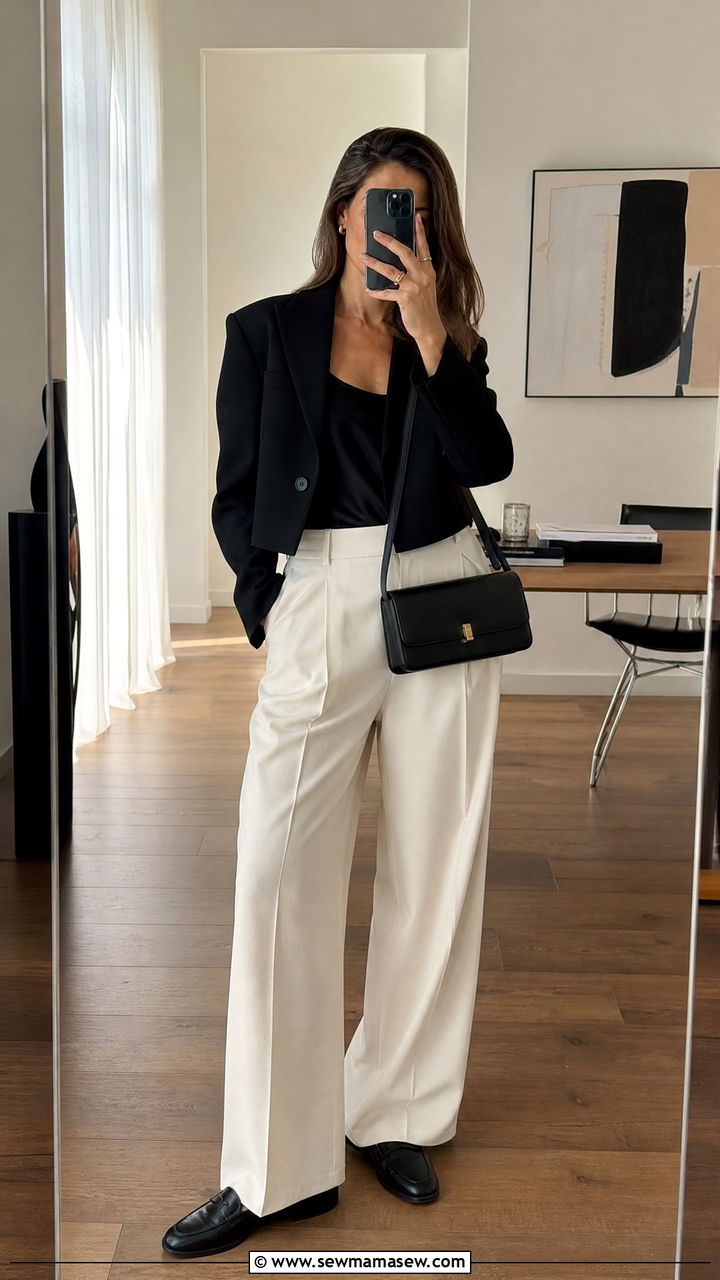 Cropped Black Blazer With High Waist Trousers And Leather Loafers - 25 Quiet luxury outfit ideas The Row style