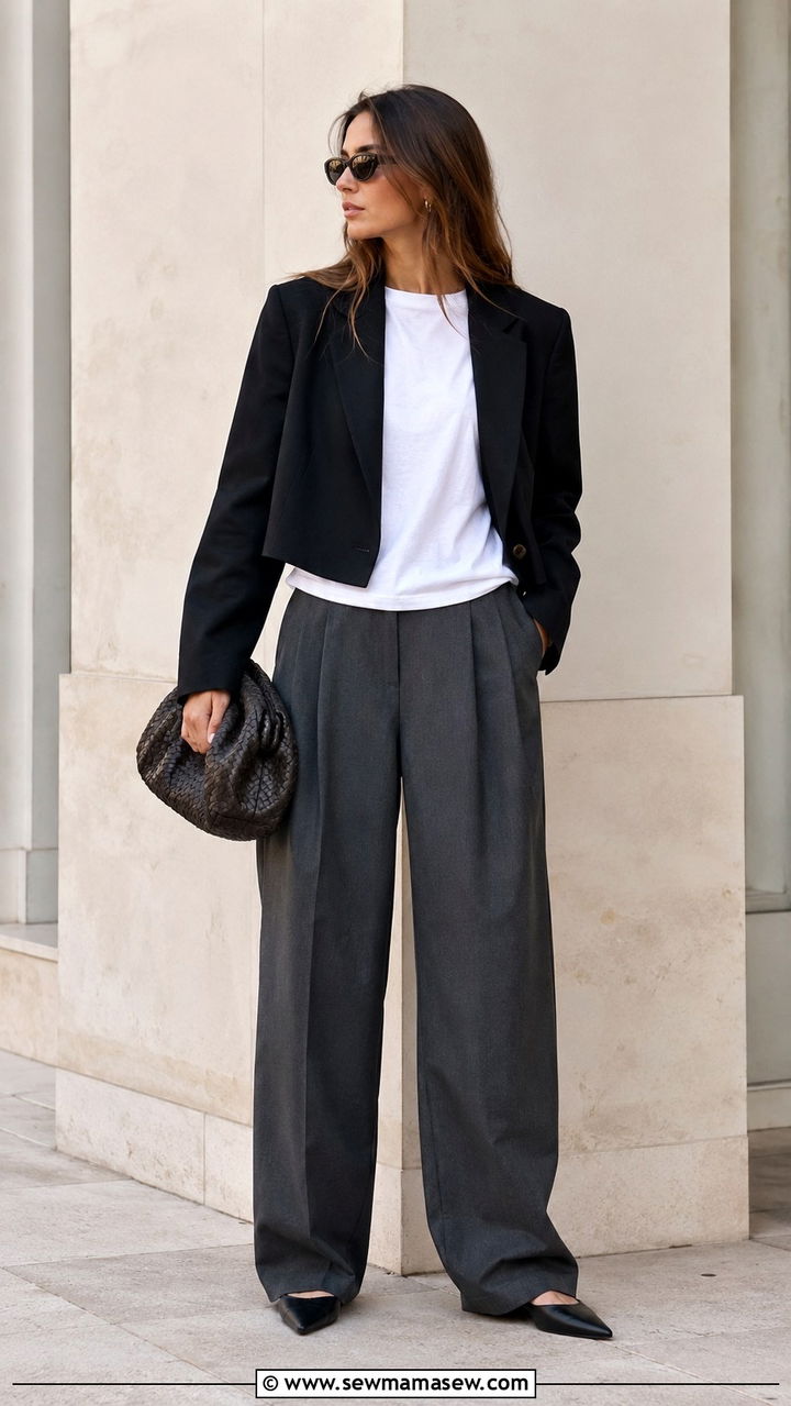 Cropped Black Blazer With T Shirt And Wide Leg Trousers - 30 Short coat outfit ideas