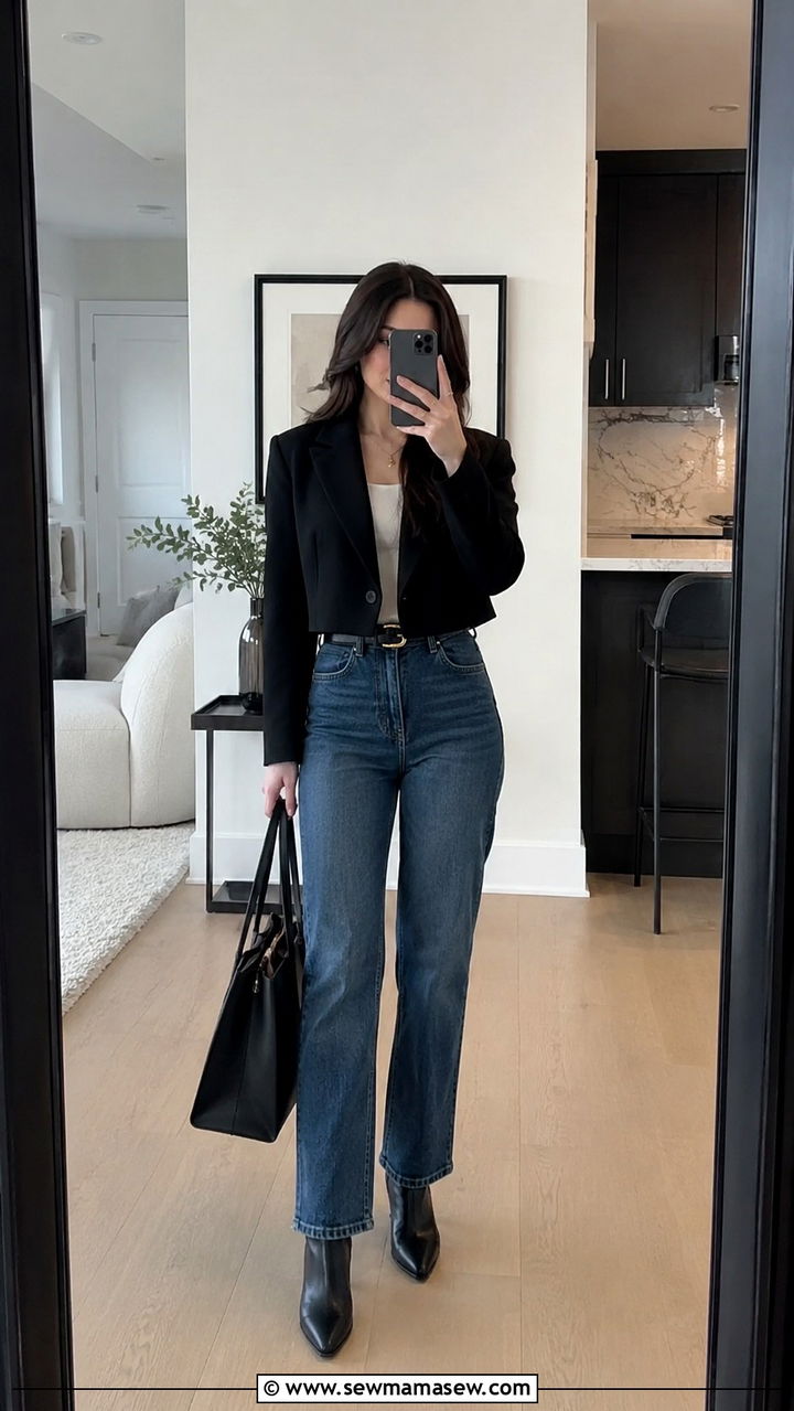Cropped Black Blazer and High Waisted Straight Jeans - 30 Old money outfits for petite women