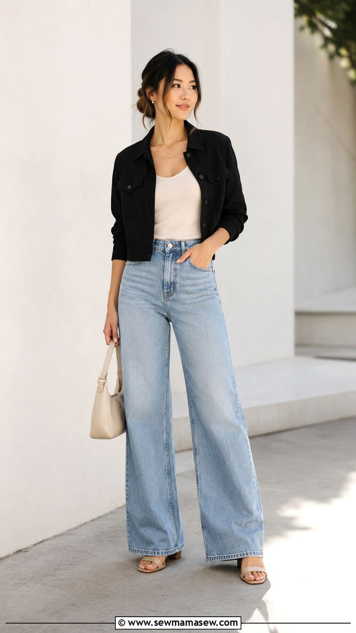 Cropped Black Jacket and Light Wash Wide Leg Jeans - 30 Petite casual outfit ideas