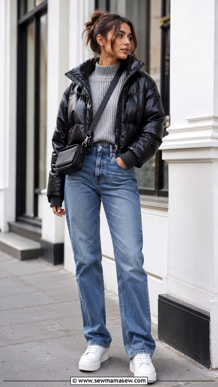 Cropped Black Puffer With High Waisted Jeans - 30 Short coat outfit ideas