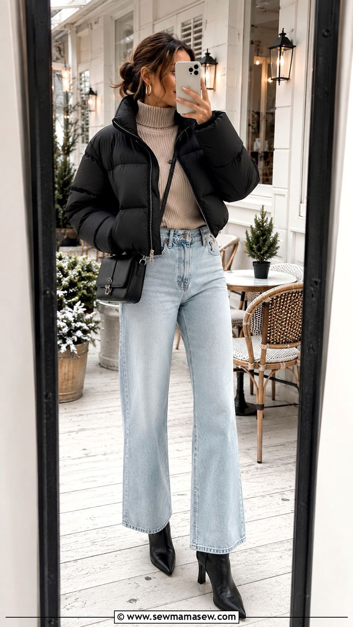 Cropped Black Puffer With Turtleneck And Wide Leg Jeans - 25 Puffer jacket outfit ideas cute