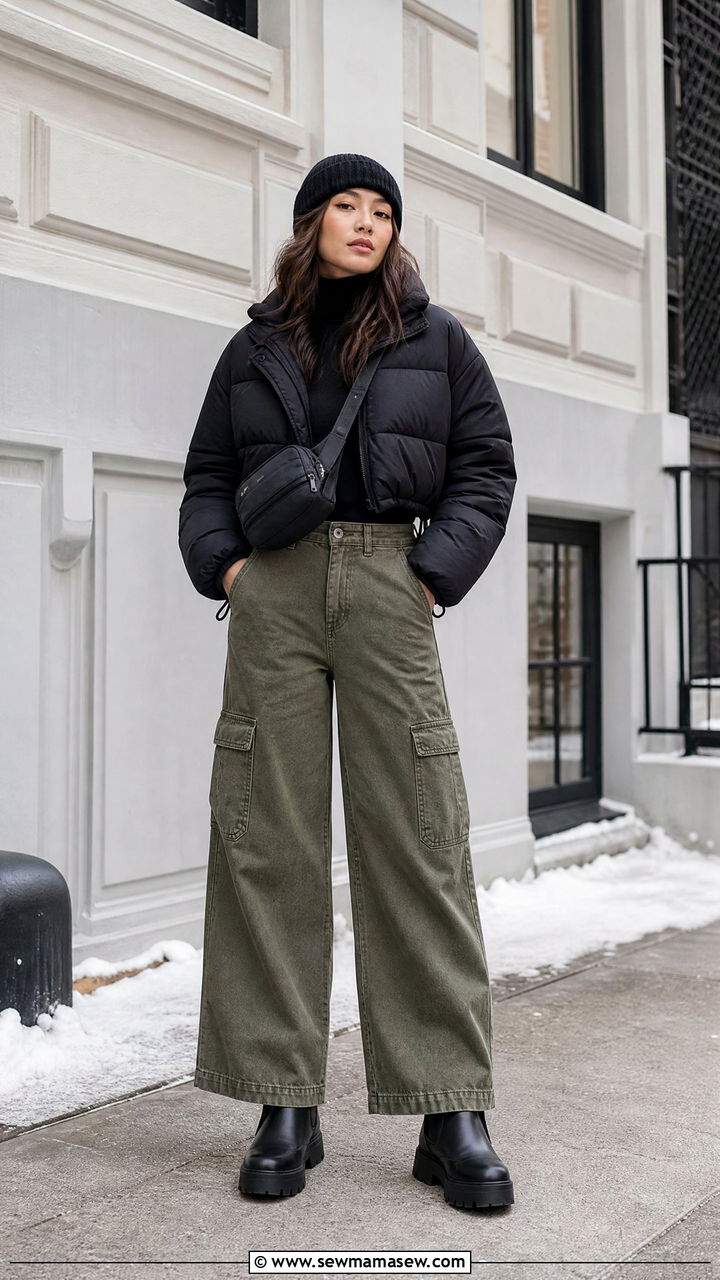 Cropped Black Puffer with Wide Leg Cargo Jeans - 35 jacket outfits ideas