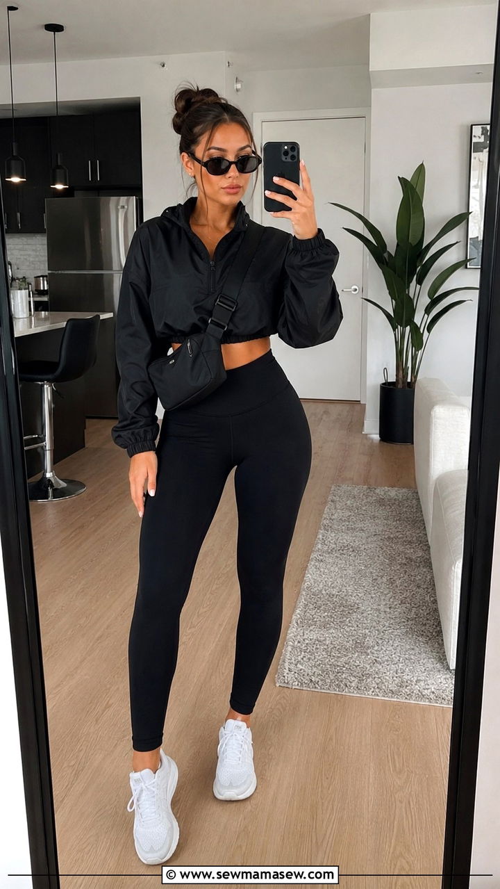 Cropped Black Windbreaker With High Waisted Leggings - 25 windbreaker outfits 2026