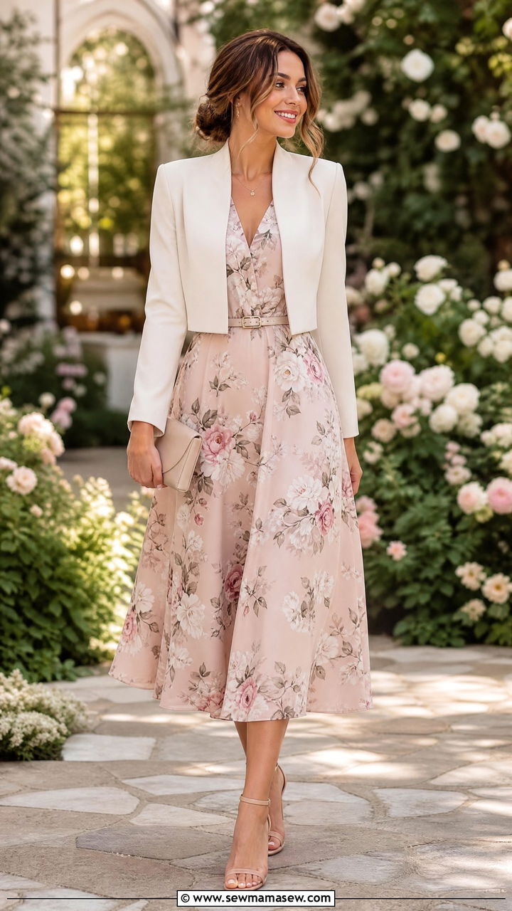 Cropped Blazer Over Floral Midi Dress Wedding Style - 30 Cropped blazer outfit ideas for a wedding