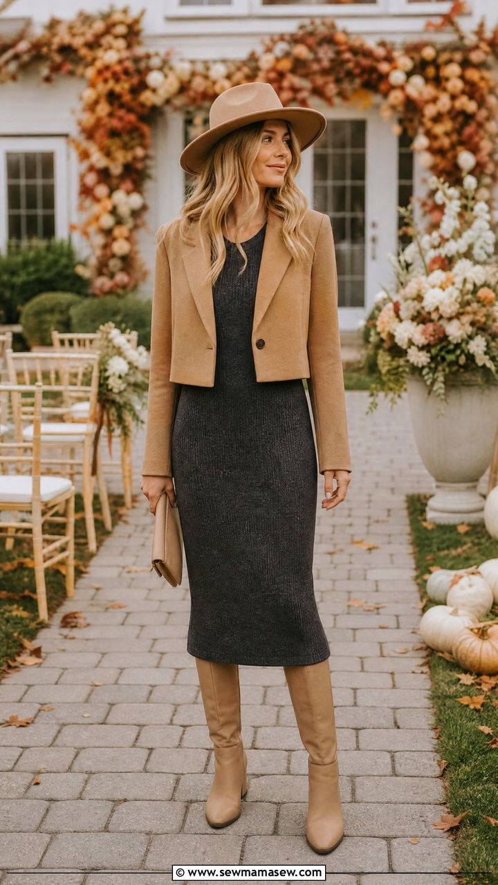 Cropped Blazer Over Knit Midi Dress Wedding Attire - 30 Cropped blazer outfit ideas for a wedding