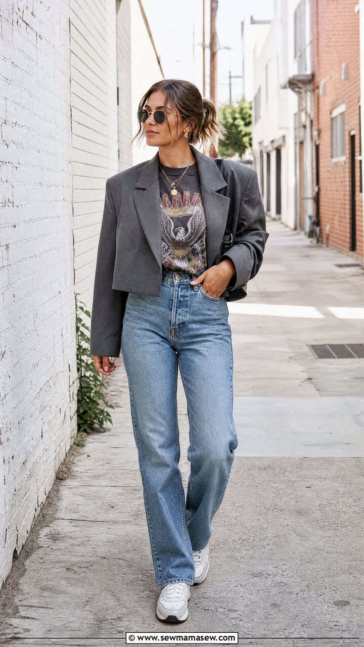 Cropped Blazer Over a Graphic Tee and Jeans - 25 How to style a cropped blazer
