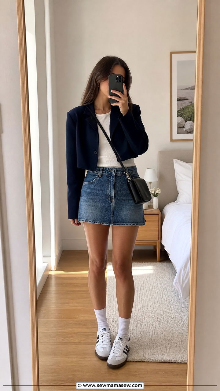Cropped Blazer With A Line Mini Skirt and Sock Sneakers - 30 Cropped blazer outfit ideas with sneakers